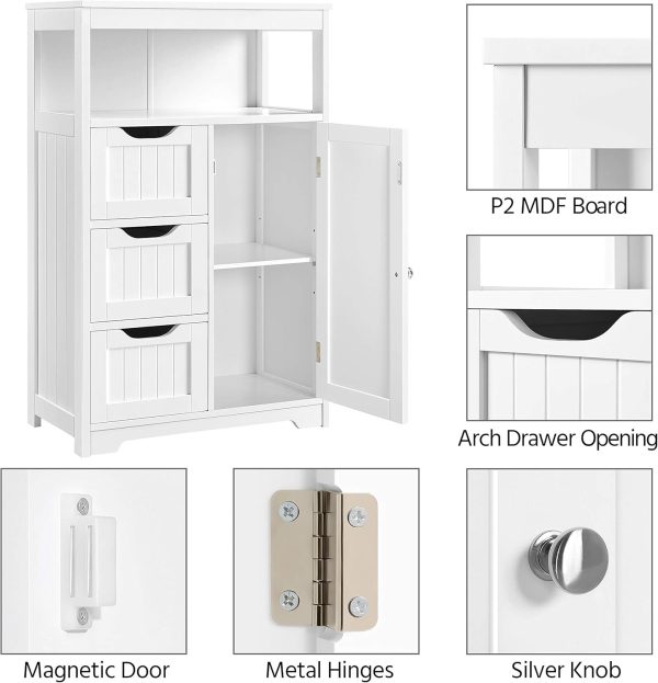 Bathroom Floor   Storage Organizer with 1 Door and 3 Drawers, Free-Standing Cupboard for Bathroom/Entryway/Living Room, White - Image 6