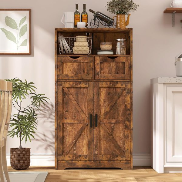 Storage  with 2 Adjustable Drawers & 2 Barn Doors, Floor , Freestanding Cupboard with Adjustable Shelf, for Living Room, Home Office, Kitchen, Rustic Brown - Image 2
