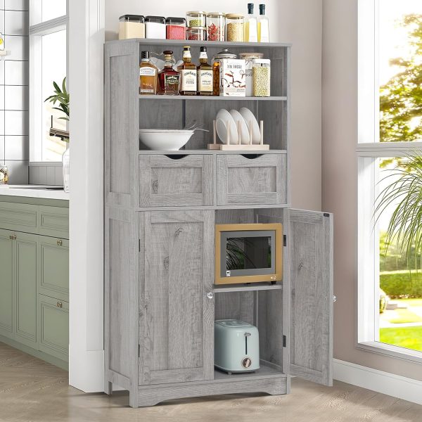 Tall Storage  with 2 Drawers & Adjustable Shelves, Bathroom  with Doors, Cupboard, Floor  for Living Room, Dining Room, Entryway, Grey - Image 4