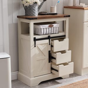 Bathroom Floor ,  Storage  with Sliding Barn Door & Storage Drawers, Small Storage  for Bathroom, Kitchen, Living Room, Rustic Oak with Antique White