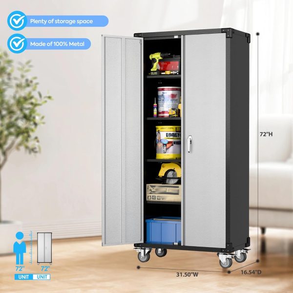 Storage  with Wheels,72" Metal Storage  with 2 Doors and 4 Adjustable Shelves, Lockable Rolling ,Home Office Metal Utility  for ,Assembly Required - Image 3