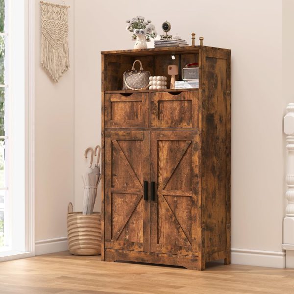 Storage  with 2 Adjustable Drawers & 2 Barn Doors, Floor , Freestanding Cupboard with Adjustable Shelf, for Living Room, Home Office, Kitchen, Rustic Brown - Image 4