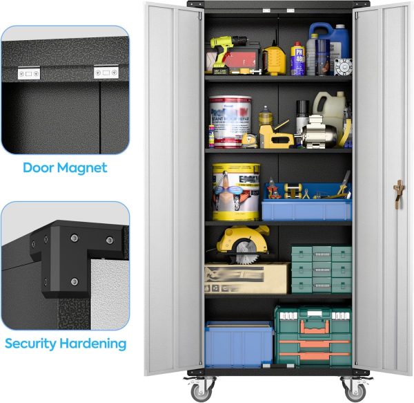Storage  with Wheels,72" Metal Storage  with 2 Doors and 4 Adjustable Shelves, Lockable Rolling ,Home Office Metal Utility  for ,Assembly Required - Image 6
