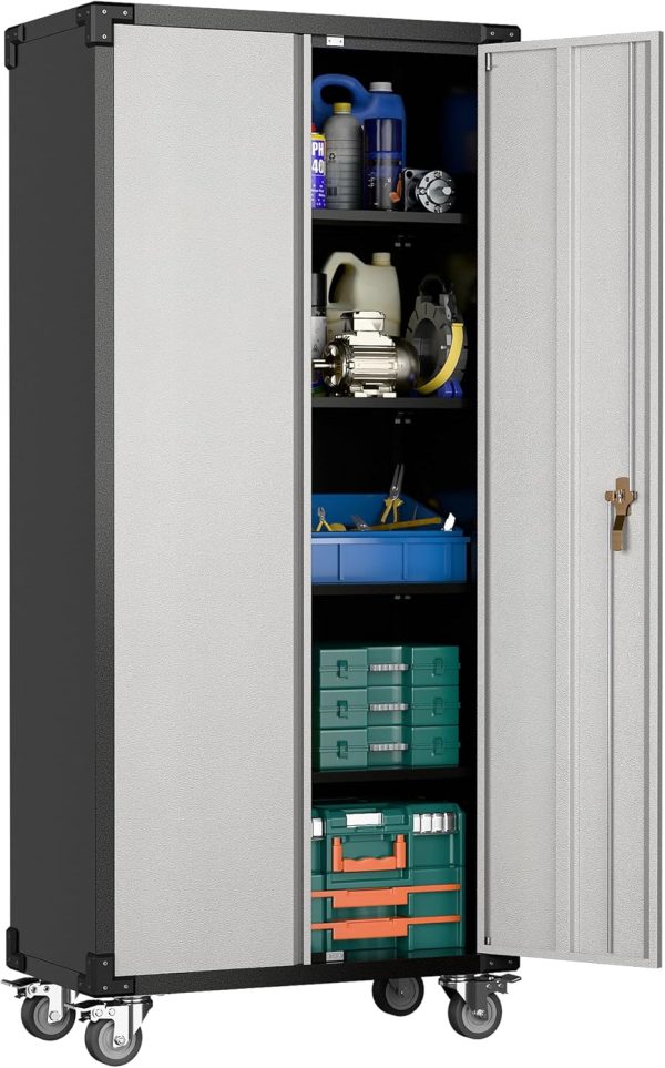 Storage  with Wheels,72" Metal Storage  with 2 Doors and 4 Adjustable Shelves, Lockable Rolling ,Home Office Metal Utility  for ,Assembly Required