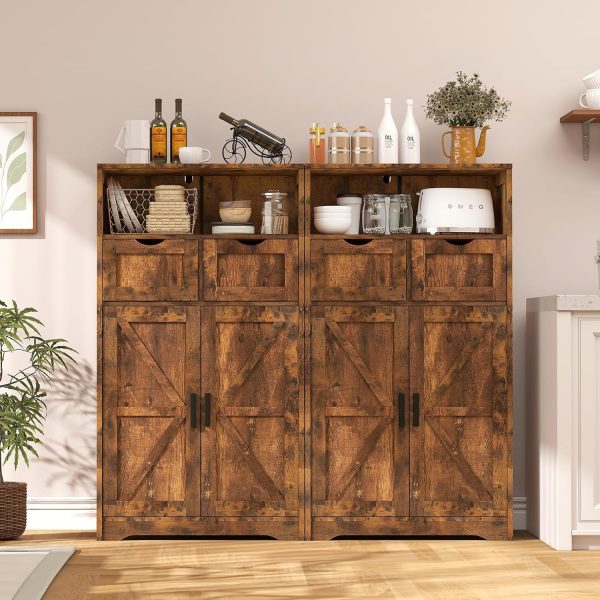Storage  with 2 Adjustable Drawers & 2 Barn Doors, Floor , Freestanding Cupboard with Adjustable Shelf, for Living Room, Home Office, Kitchen, Rustic Brown - Image 9