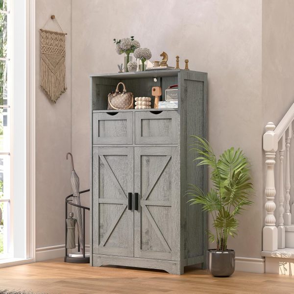 Bathroom , Storage  with 2 Adjustable Drawers & 2 Barn Doors, Standing Cupboard with 2 Shelf, Floor  for Living Room, Home Office, Kitchen, Grey - Image 4