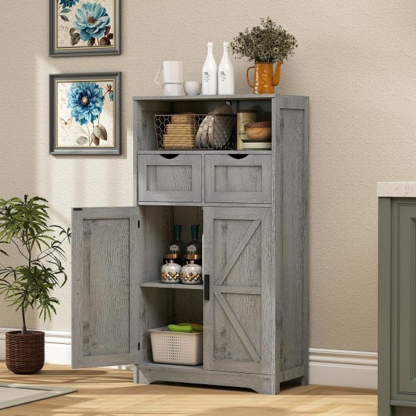 Bathroom , Storage  with 2 Adjustable Drawers & 2 Barn Doors, Standing Cupboard with 2 Shelf, Floor  for Living Room, Home Office, Kitchen, Grey - Image 2